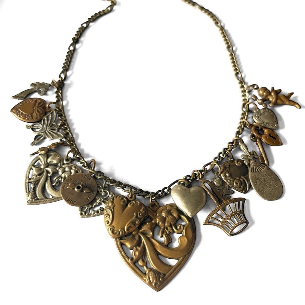 Vintage Piddly Links Brass Heart Cherub Charm Necklace
